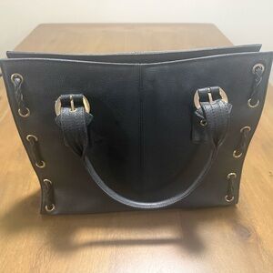 Structured Black Satchel with Gold-Tone Hardware